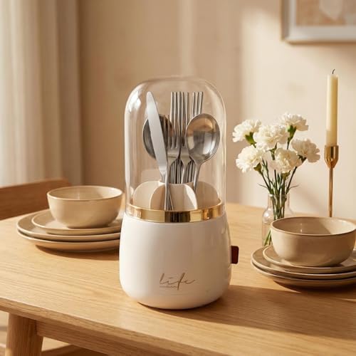 DaChihSheng Silverware Organizer Includes a Dish Cloth, 360° Rotating Utensil Holder with Lid - 7 Slot Fork and Spoon Organizer for Kitchen Counter, Kitchen Caddy with Drainage(White) - My Kitchen Products