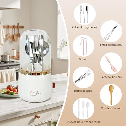 DaChihSheng Silverware Organizer Includes a Dish Cloth, 360° Rotating Utensil Holder with Lid - 7 Slot Fork and Spoon Organizer for Kitchen Counter, Kitchen Caddy with Drainage(White) - My Kitchen Products