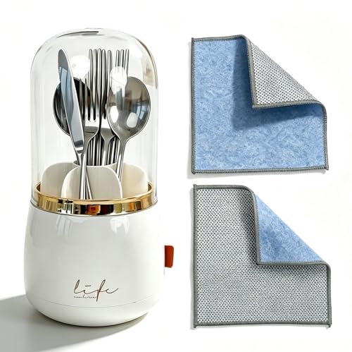 DaChihSheng Silverware Organizer Includes a Dish Cloth, 360° Rotating Utensil Holder with Lid - 7 Slot Fork and Spoon