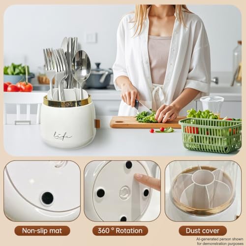 DaChihSheng Silverware Organizer Includes a Dish Cloth, 360° Rotating Utensil Holder with Lid - 7 Slot Fork and Spoon Organizer for Kitchen Counter, Kitchen Caddy with Drainage(White) - My Kitchen Products