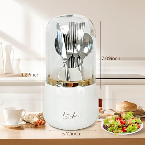 DaChihSheng Silverware Organizer Includes a Dish Cloth, 360° Rotating Utensil Holder with Lid - 7 Slot Fork and Spoon Organizer for Kitchen Counter, Kitchen Caddy with Drainage(White) - My Kitchen Products