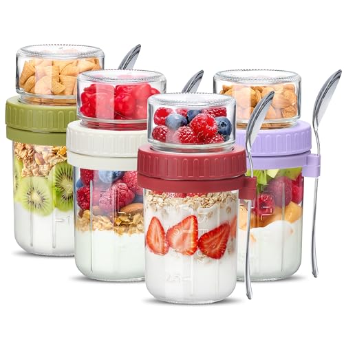 Danmu 4 Pack Overnight Oats Containers with Lids 21 oz (16+5),Dual-Layer Yogurt Parfait Cups with Lids,Meal Prep Containers Glass for Snack,Overnight Oats,Yogurt,Parfait,Salad Dishwasher Safe - My Kitchen Products