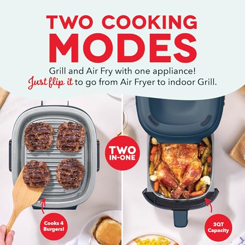 Dash Flip & Fry™ Digital 2-in-1 Grill & Air Fryer - Has AirCrisp® Technology - Digital Touchscreen, Ceramic Nonstick Grill Plate & Special Dehydrate Function - 3 Quarts - Navy - My Kitchen Products