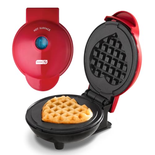 Dash Mini Waffle Maker- Mini Machine for Creative Homemade Treats - Nonstick Iron with Unique Print Design - Stylish Waffle Machine - Red Heart - My Kitchen Products