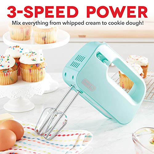 Dash SmartStore Hand Mixer - Electric Handheld Mixer For Everyday Baking - 3-Speed Power and One-Touch Beater Ejector Button - Aqua, Includes Whisk and Milkshake Attachments - My Kitchen Products
