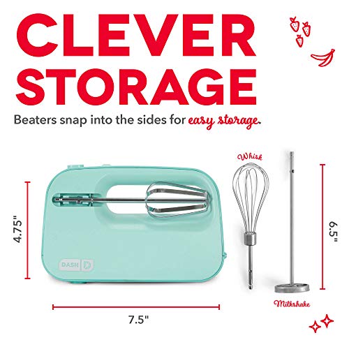 Dash SmartStore Hand Mixer - Electric Handheld Mixer For Everyday Baking - 3-Speed Power and One-Touch Beater Ejector Button - Aqua, Includes Whisk and Milkshake Attachments - My Kitchen Products