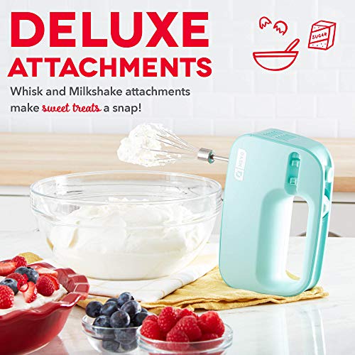 Dash SmartStore Hand Mixer - Electric Handheld Mixer For Everyday Baking - 3-Speed Power and One-Touch Beater Ejector Button - Aqua, Includes Whisk and Milkshake Attachments - My Kitchen Products