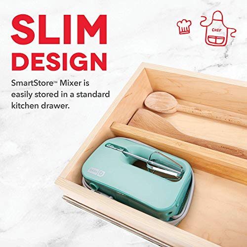 Dash SmartStore Hand Mixer - Electric Handheld Mixer For Everyday Baking - 3-Speed Power and One-Touch Beater Ejector Button - Aqua, Includes Whisk and Milkshake Attachments - My Kitchen Products