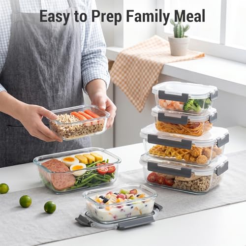 Dealusy 10 Sets (20-Piece) 4.5 Cup & 1.5 Cup Glass Food Storage Containers with lids, Airtight Leak-proof Glass Meal Prep Containers with Lids, Microwave Oven Freezer Dishwasher Safe, Gray - My Kitchen Products