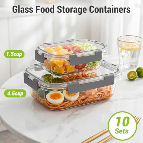 Dealusy 10 Sets (20-Piece) 4.5 Cup & 1.5 Cup Glass Food Storage Containers with lids, Airtight Leak-proof Glass Meal Prep Containers with Lids, Microwave Oven Freezer Dishwasher Safe, Gray - My Kitchen Products