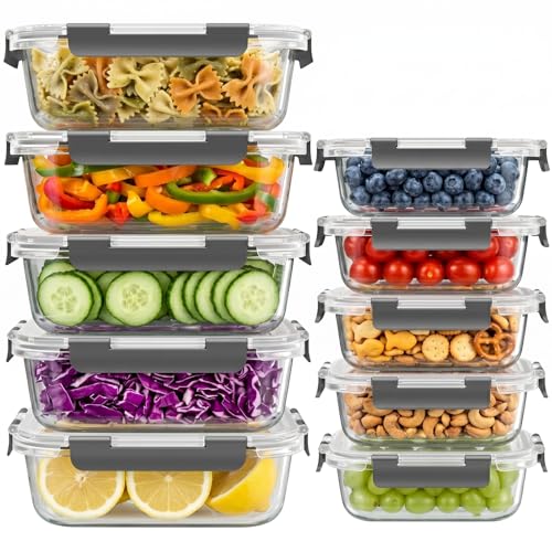 Dealusy 10 Sets (20-Piece) 4.5 Cup & 1.5 Cup Glass Food Storage Containers with lids, Airtight Leak-proof Glass Meal Prep Containers with Lids, Microwave Oven Freezer Dishwasher Safe, Gray - My Kitchen Products