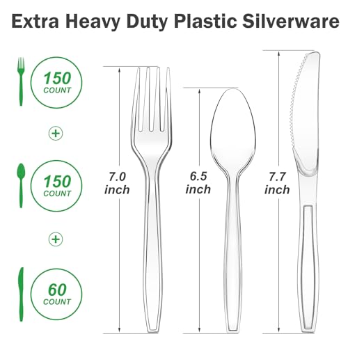 Dealusy 360 Count Extra Heavy Duty Clear Plastic Silverware, 150 Forks, 150 Spoons, 60 Knives, BPA-Free, Heat Resistant, Disposable Plastic Utensils Set, Plastic Cutlery Set, Plasticware Bulk - My Kitchen Products