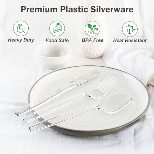 Dealusy 360 Count Extra Heavy Duty Clear Plastic Silverware, 150 Forks, 150 Spoons, 60 Knives, BPA-Free, Heat Resistant, Disposable Plastic Utensils Set, Plastic Cutlery Set, Plasticware Bulk - My Kitchen Products