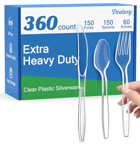Dealusy 360 Count Extra Heavy Duty Clear Plastic Silverware, 150 Forks, 150 Spoons, 60 Knives, BPA-Free, Heat Resistant, Disposable Plastic Utensils Set, Plastic Cutlery Set, Plasticware Bulk - My Kitchen Products