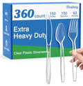 Dealusy 360 Count Extra Heavy Duty Clear Plastic Silverware, 150 Forks, 150 Spoons, 60 Knives, BPA-Free, Heat Resistant, Disposable Plastic Utensils Set, Plastic Cutlery Set, Plasticware Bulk - My Kitchen Products