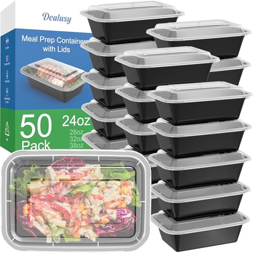 Dealusy 50 Pack (100-Piece) 24 oz Meal Prep Containers Reusable with Lids, Sturdy Leakproof & Food Safe, Microwave, Freezer, Dishwasher Safe Prep Containers, To Go Take Out Plastic Food Storage - My Kitchen Products
