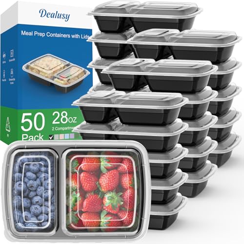 Dealusy 50 Pack (100-Piece) 28 oz Meal Prep Containers Reusable with Lids 2-Compartment, Sturdy Leakproof Food Safe, Microwave Freezer Dishwasher Safe, To Go Take Out Plastic Food Storage, Black - My Kitchen Products