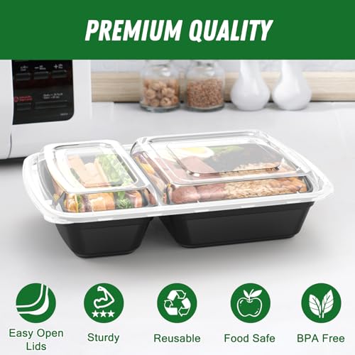 Dealusy 50 Pack (100-Piece) 28 oz Meal Prep Containers Reusable with Lids 2-Compartment, Sturdy Leakproof Food Safe, Microwave Freezer Dishwasher Safe, To Go Take Out Plastic Food Storage, Black - My Kitchen Products