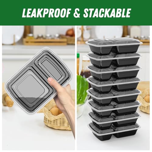 Dealusy 50 Pack (100-Piece) 28 oz Meal Prep Containers Reusable with Lids 2-Compartment, Sturdy Leakproof Food Safe, Microwave Freezer Dishwasher Safe, To Go Take Out Plastic Food Storage, Black - My Kitchen Products