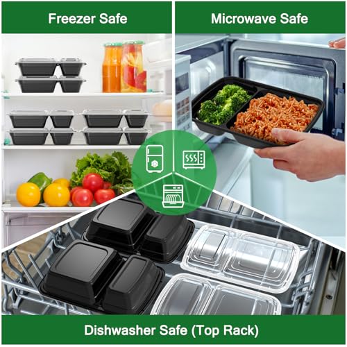 Dealusy 50 Pack (100-Piece) 28 oz Meal Prep Containers Reusable with Lids 2-Compartment, Sturdy Leakproof Food Safe, Microwave Freezer Dishwasher Safe, To Go Take Out Plastic Food Storage, Black - My Kitchen Products