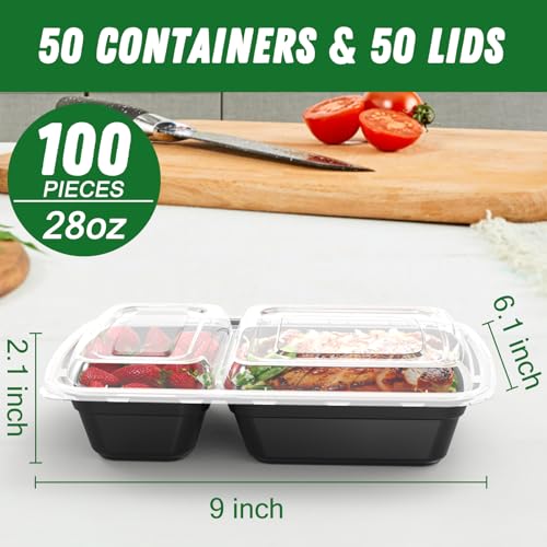 Dealusy 50 Pack (100-Piece) 28 oz Meal Prep Containers Reusable with Lids 2-Compartment, Sturdy Leakproof Food Safe, Microwave Freezer Dishwasher Safe, To Go Take Out Plastic Food Storage, Black - My Kitchen Products