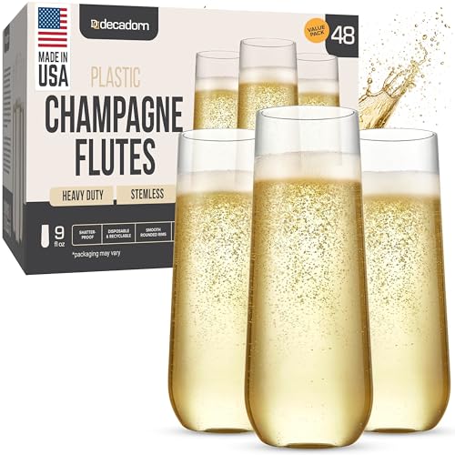DECADORN Clear Stemless Champagne Flutes Plastic 48 Pack, Made in USA, 9oz Plastic Champagne