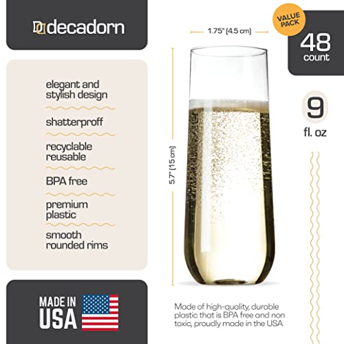 DECADORN Clear Stemless Champagne Flutes Plastic 48 Pack, Made in USA, 9oz Plastic Champagne Glasses - Durable and Sturdy Mimosa Glasses For Parties - Shatterproof, Recyclable, BPA-Free, Smooth Rims - My Kitchen Products