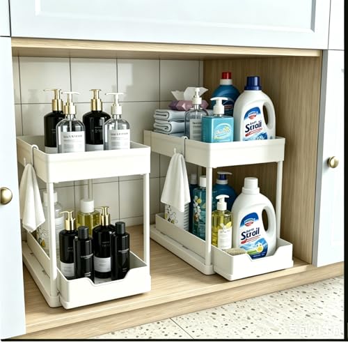 DEKAVA Cabinet, 2 Pack Under Sink Organizer, 2 Tier Sliding Bathroom Kitchen Organizer, Large White ABS