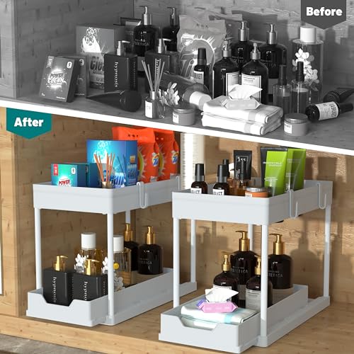 DEKAVA Cabinet, 2 Pack Under Sink Organizer, 2 Tier Sliding Bathroom Kitchen Organizer, Large White ABS Baskets, Easy Install & Clean - My Kitchen Products
