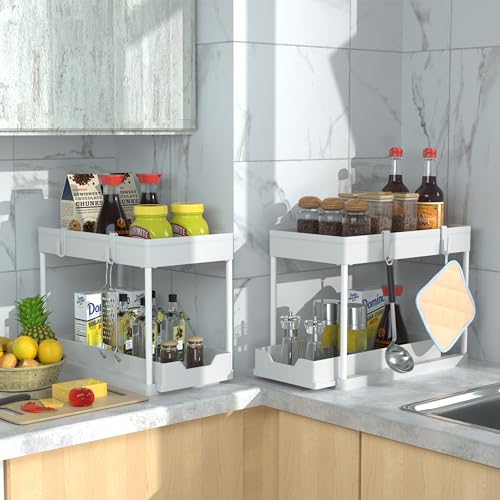DEKAVA Cabinet, 2 Pack Under Sink Organizer, 2 Tier Sliding Bathroom Kitchen Organizer, Large White ABS Baskets, Easy Install & Clean - My Kitchen Products