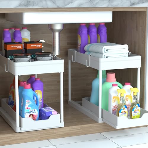 DEKAVA Cabinet, 2 Pack Under Sink Organizer, 2 Tier Sliding Bathroom Kitchen Organizer, Large White ABS Baskets, Easy Install & Clean - My Kitchen Products