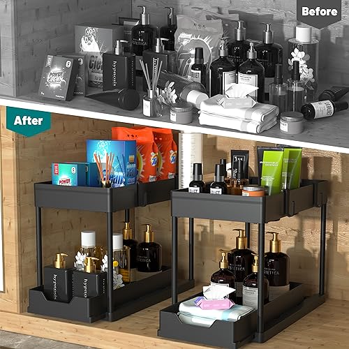 DEKAVA Under Sink Organizer 2 Pack, Bathroom Cabinet Organizer, 2 Tier Sliding Cabinet Basket Organizer Drawer, Multi-Purpose Bath Collection Baskets for Bathroom (Black) - My Kitchen Products