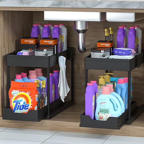 DEKAVA Under Sink Organizer 2 Pack, Bathroom Cabinet Organizer, 2 Tier Sliding Cabinet Basket Organizer Drawer, Multi-Purpose Bath Collection Baskets for Bathroom (Black) - My Kitchen Products