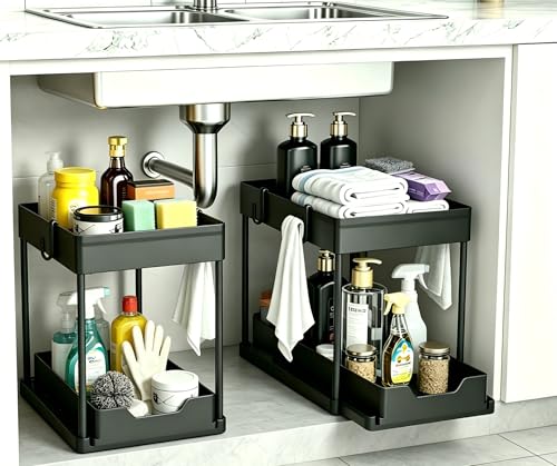 DEKAVA Under Sink Organizer 2 Pack, Bathroom Cabinet Organizer, 2 Tier Sliding Cabinet Basket Organizer