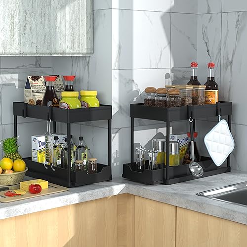 DEKAVA Under Sink Organizer 2 Pack, Bathroom Cabinet Organizer, 2 Tier Sliding Cabinet Basket Organizer Drawer, Multi-Purpose Bath Collection Baskets for Bathroom (Black) - My Kitchen Products