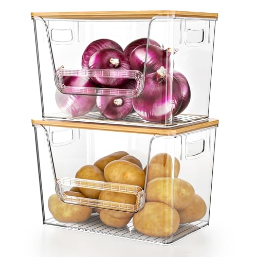 Delamu 2 Set Pantry Organizers and Storage, Trash Bag Holder Under Sink Organizer for 4-13 Gal Bags, Trash Bag Dispenser with Bamboo Top for Onion, Potato, Garlic, Clear (11-7/32"L*7" W*7-1/8"H) - My Kitchen Products