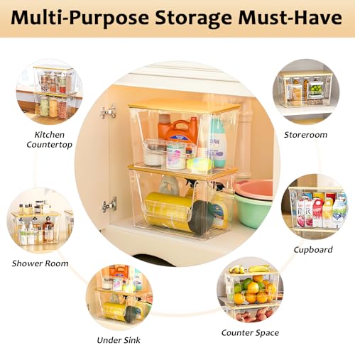 Delamu 2 Set Pantry Organizers and Storage, Trash Bag Holder Under Sink Organizer for 4-13 Gal Bags, Trash Bag Dispenser with Bamboo Top for Onion, Potato, Garlic, Clear (11-7/32"L*7" W*7-1/8"H) - My Kitchen Products
