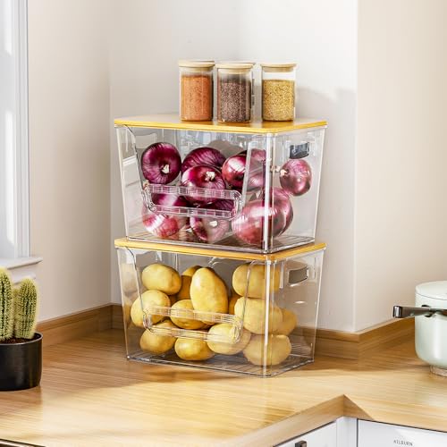Delamu 2 Set Pantry Organizers and Storage, Trash Bag Holder Under Sink Organizer for 4-13 Gal Bags, Trash Bag Dispenser with Bamboo Top for Onion, Potato, Garlic, Clear (11-7/32"L*7" W*7-1/8"H) - My Kitchen Products
