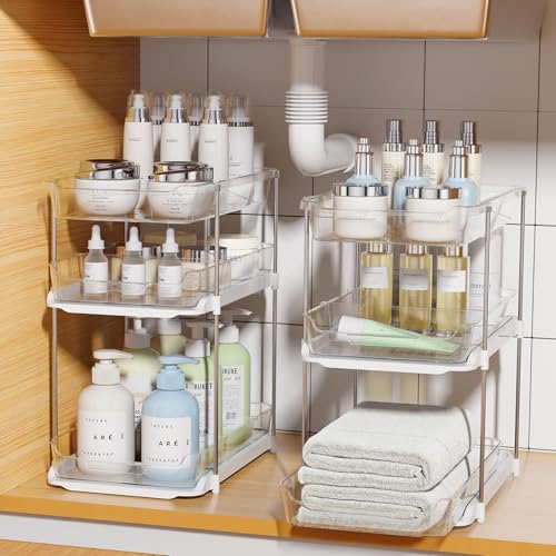Delamu 2 Sets of 3-Tier Bathroom Under Sink Organizers and Storage, Multi-Purpose Stackable Pantry Organization and Storage