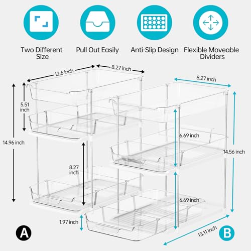 Delamu 2 Sets of 3-Tier Bathroom Under Sink Organizers and Storage, Multi-Purpose Stackable Pantry Organization and Storage, Pull Out Clear Kitchen Bathroom Cabinet Organizer with Movable Dividers - My Kitchen Products