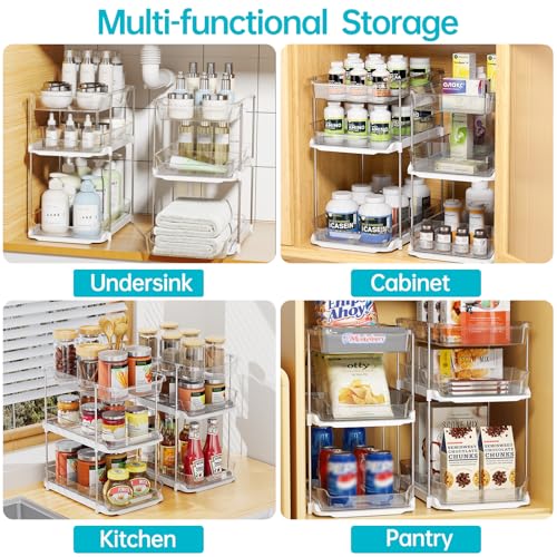 Delamu 2 Sets of 3-Tier Bathroom Under Sink Organizers and Storage, Multi-Purpose Stackable Pantry Organization and Storage, Pull Out Clear Kitchen Bathroom Cabinet Organizer with Movable Dividers - My Kitchen Products