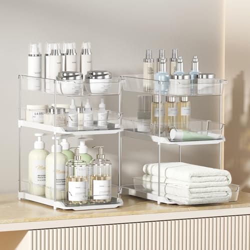 Delamu 2 Sets of 3-Tier Bathroom Under Sink Organizers and Storage, Multi-Purpose Stackable Pantry Organization and Storage, Pull Out Clear Kitchen Bathroom Cabinet Organizer with Movable Dividers - My Kitchen Products