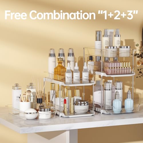 Delamu 2 Sets of 3-Tier Bathroom Under Sink Organizers and Storage, Multi-Purpose Stackable Pantry Organization and Storage, Pull Out Clear Kitchen Bathroom Cabinet Organizer with Movable Dividers - My Kitchen Products