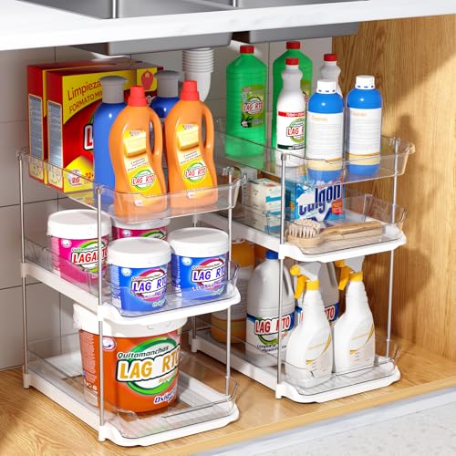 Delamu 2 Sets of 3-Tier Bathroom Under Sink Organizers and Storage, Multi-Purpose Stackable Pantry Organization and Storage, Pull Out Clear Kitchen Bathroom Cabinet Organizer with Movable Dividers - My Kitchen Products