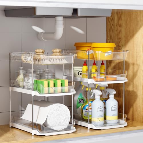 Delamu 2 Sets of 3-Tier Bathroom Under Sink Organizers and Storage, Multi-Purpose Stackable Pantry Organization and Storage, Pull Out Clear Kitchen Bathroom Cabinet Organizer with Movable Dividers - My Kitchen Products