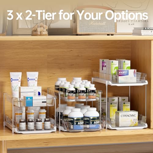 Delamu 2 Sets of 3-Tier Bathroom Under Sink Organizers and Storage, Multi-Purpose Stackable Pantry Organization and Storage, Pull Out Clear Kitchen Bathroom Cabinet Organizer with Movable Dividers - My Kitchen Products