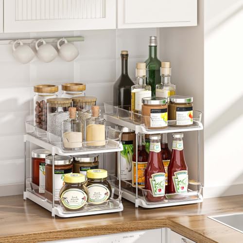 Delamu 2-Tier Multi-Purpose Bathroom Under Sink Organizers and Storage, Stackable Kitchen Pantry Organization, Pull Out Medicine Cabinet Organizer with Movable Dividers, White, 2 Pack - My Kitchen Products