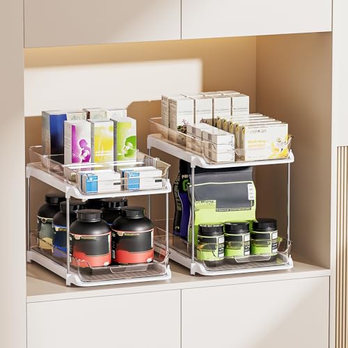 Delamu 2-Tier Multi-Purpose Bathroom Under Sink Organizers and Storage, Stackable Kitchen Pantry Organization, Pull Out Medicine Cabinet Organizer with Movable Dividers, White, 2 Pack - My Kitchen Products