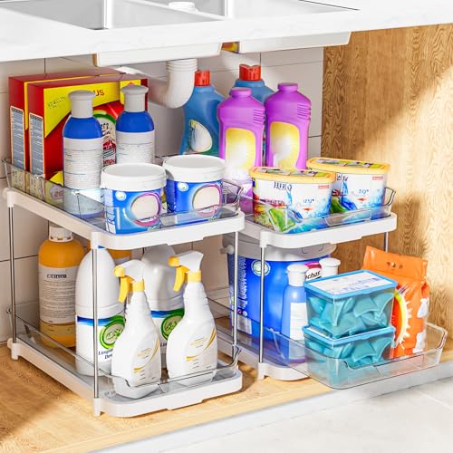 Delamu 2-Tier Multi-Purpose Bathroom Under Sink Organizers and Storage, Stackable Kitchen Pantry Organization, Pull Out Medicine Cabinet Organizer with Movable Dividers, White, 2 Pack - My Kitchen Products