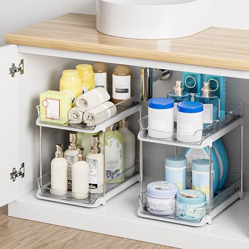 Delamu 2-Tier Multi-Purpose Bathroom Under Sink Organizers and Storage, Stackable Kitchen Pantry Organization, Pull Out Medicine Cabinet Organizer with Movable Dividers, White, 2 Pack - My Kitchen Products